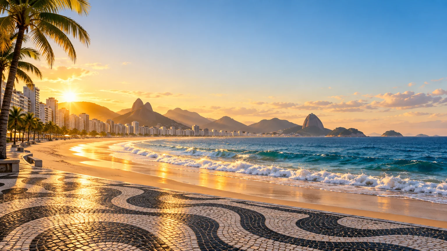 Paisagem artística de Copacabana, com a praia e o calçadão de ondas ao nascer do sol