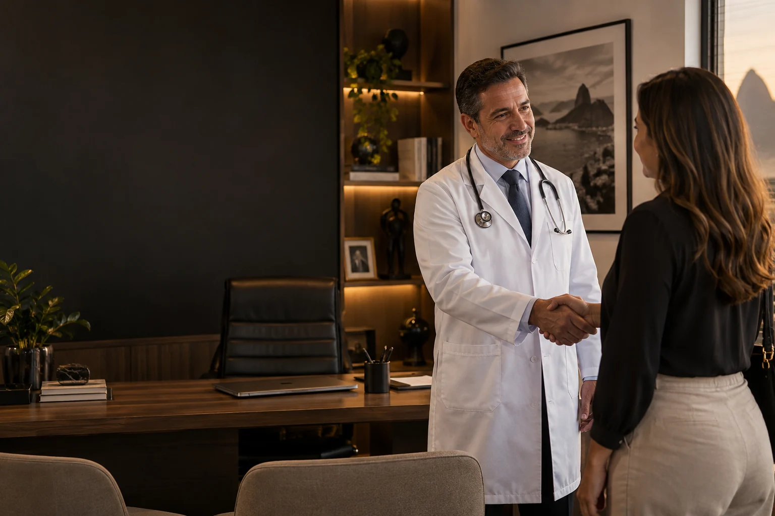 Cena ilustrativa de um médico acolhendo uma paciente adulta no consultório
