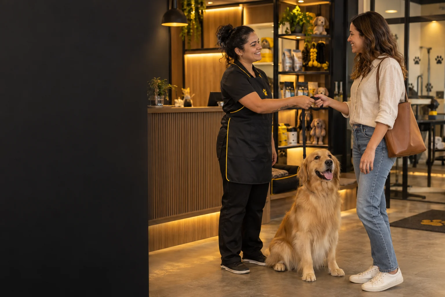 Cena ilustrativa de atendimento acolhedor a um cachorro e sua tutora em um pet shop