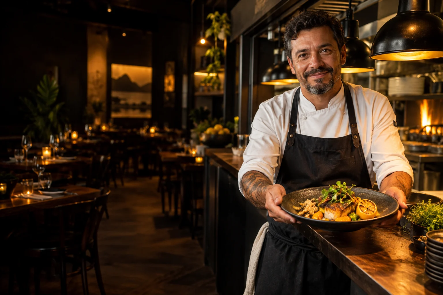 Cena ilustrativa de um chef apresentando um prato em seu restaurante